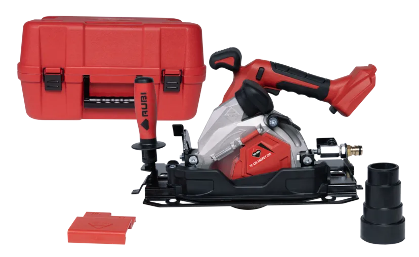 Designed for cutting large-format ceramic, tile, natural stone and sintered stone Suitable for both dry and wet cutting 18V CAS cordless system with 5.2Ah battery compatibility Brushless motor for durability, low maintenance and consistent performance 5-speed settings from 5,000 to 8,500 rpm Tilting head from 0° to 45° for straight, mitre and groove cuts Combined water feed and dust extraction system Compatible with Ø125 mm and Ø115 mm cutting discs Maximum cutting depth: 22 mm straight / 15 mm mitre with Ø125 mm disc Ergonomic bi-material main handle with secondary handle Up to 10 m cutting capacity per charge on 10 mm porcelain tile at high speed