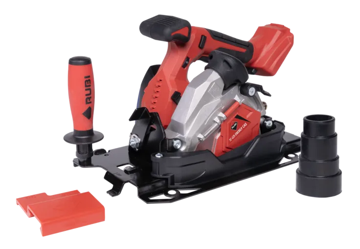 Designed for cutting large-format ceramic, tile, natural stone and sintered stone Suitable for both dry and wet cutting 18V CAS cordless system with 5.2Ah battery compatibility Brushless motor for durability, low maintenance and consistent performance 5-speed settings from 5,000 to 8,500 rpm Tilting head from 0° to 45° for straight, mitre and groove cuts Combined water feed and dust extraction system Compatible with Ø125 mm and Ø115 mm cutting discs Maximum cutting depth: 22 mm straight / 15 mm mitre with Ø125 mm disc Ergonomic bi-material main handle with secondary handle Up to 10 m cutting capacity per charge on 10 mm porcelain tile at high speed